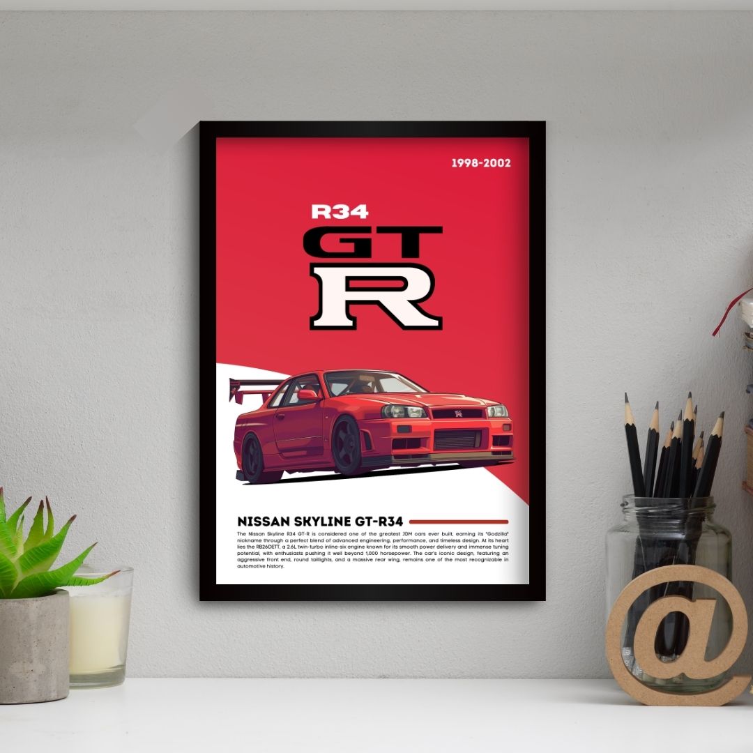 Nissan R34 GTR Poster (A4,Framed)
