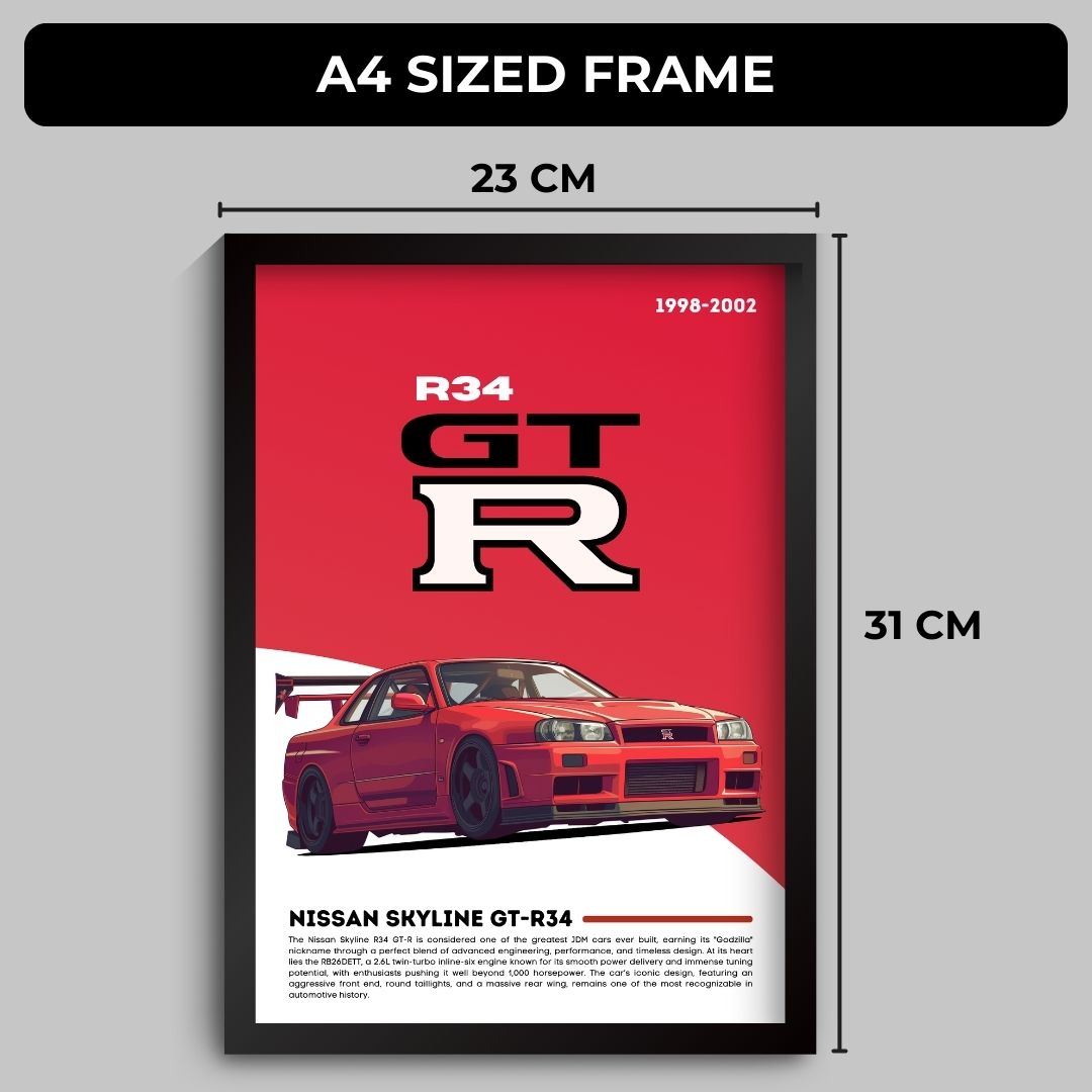Nissan R34 GTR Poster (A4,Framed)