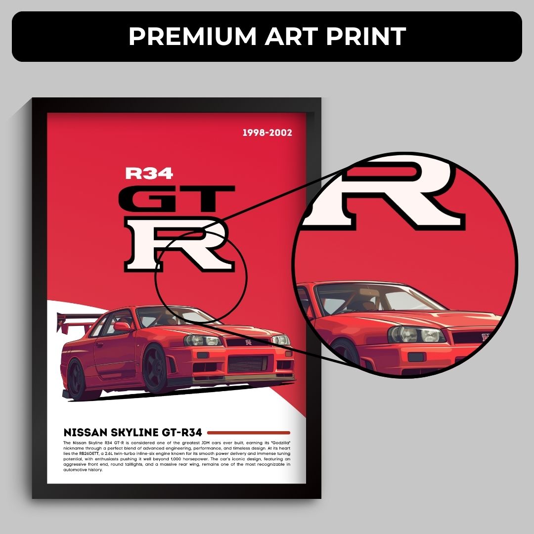 Nissan R34 GTR Poster (A4,Framed)
