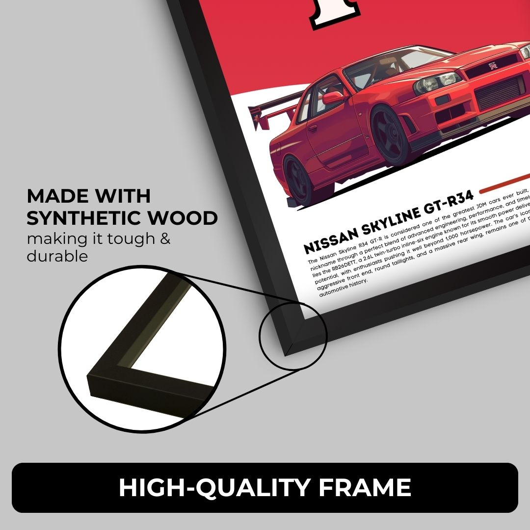 Nissan R34 GTR Poster (A4,Framed)