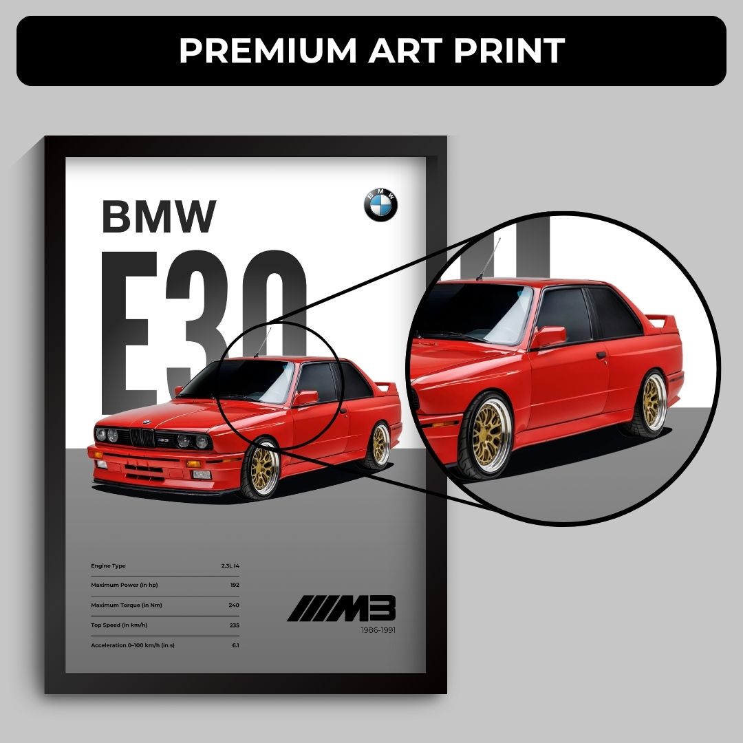 BMW E30 M3 Poster (A4, Framed)