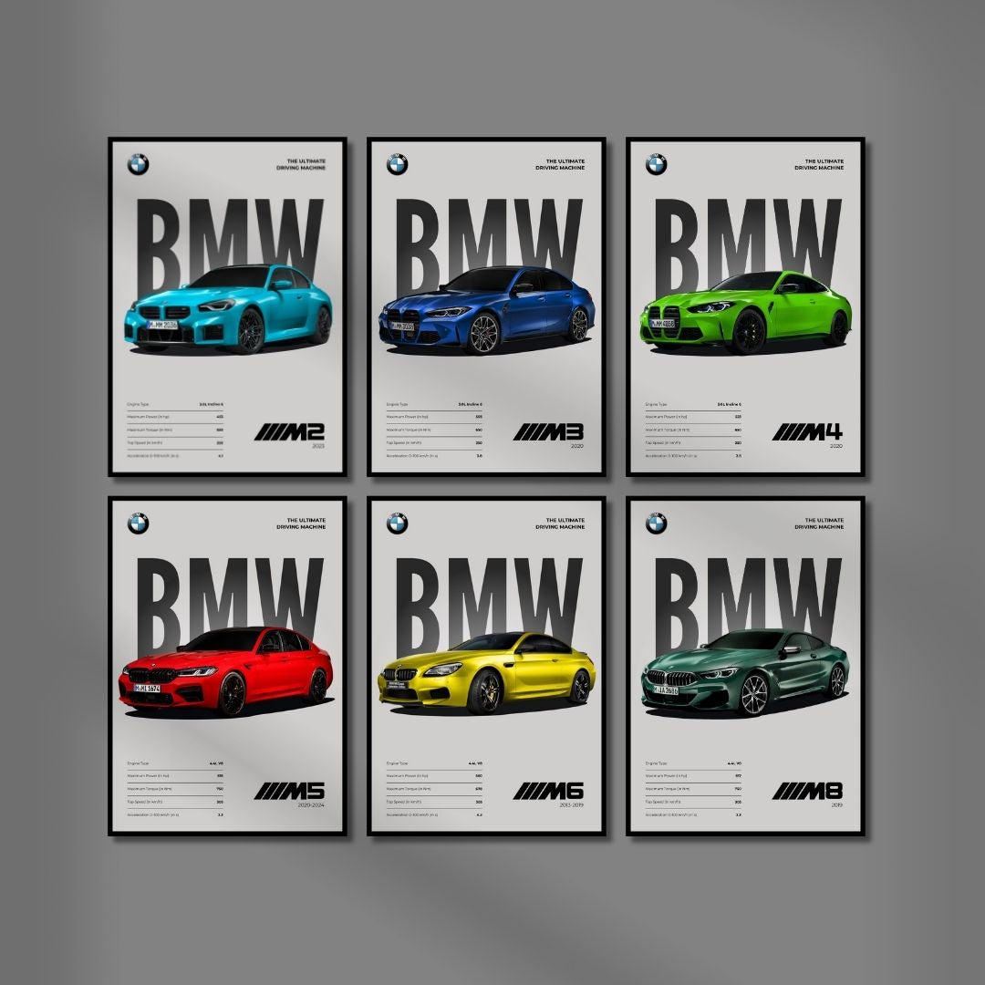 BMW M Cars Posters (Set of 6) A4 Sized | Light Minimalist