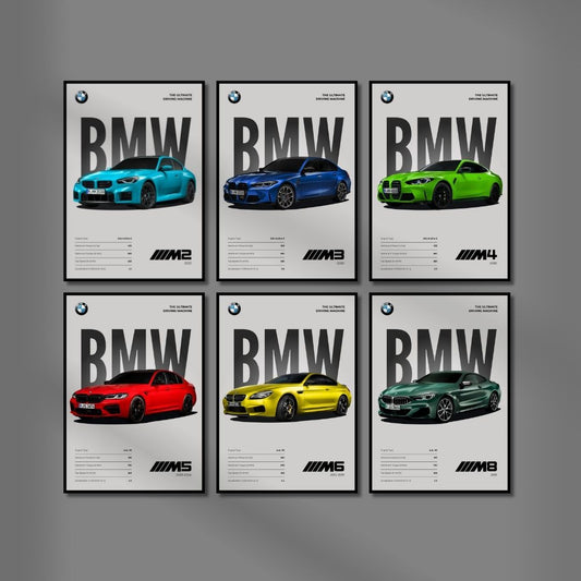 BMW M Cars Posters (Set of 6) A4 Sized | Light Minimalist